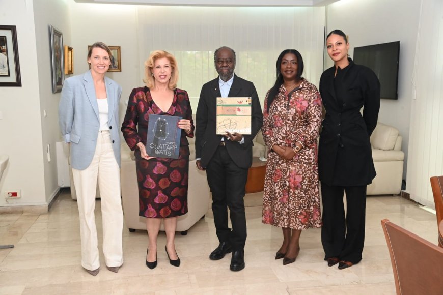 Côte d’Ivoire : Dominique Ouattara reçoit Cécile Fakhoury et l’artiste Ouattara Watts